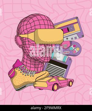 retrofuturistic art tech six icons poster Stock Vector