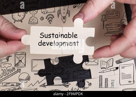 Business, Technology, Internet and network concept. Young businessman working on a virtual screen of the future and sees the inscription: Sustainable Stock Photo