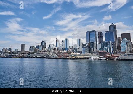 Seattle Downtown as seen from Elliot Bay Ferry Stock Photo