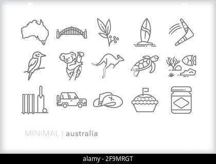 Australia line icon set of places, things and nature a tourist would see when traveling down under Stock Vector