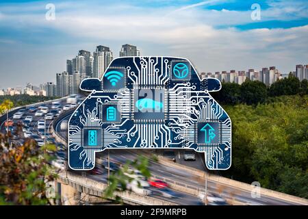 Fast moving cars and modern city background. Automobile chip illustration and several icons. Stock Photo
