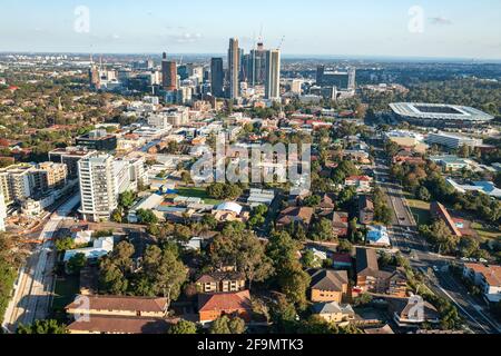 Parramatta, NSW, Australia - 18 April 2021. Parramatta city skyline viewed from North Parramatta. Stock Photo