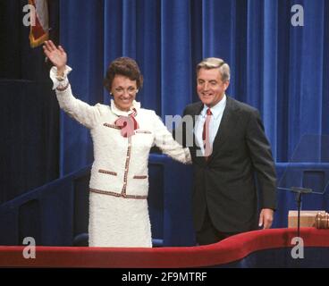 United States Vice President Walter Mondale and his wife, Joan, on the podium of the 1980 Democratic National Convention at Madison Square Garden in New York, New York in August, 1980. Mrs. Mondale passed away on February 3, 2014.Credit: Arnie Sachs/CNP | usage worldwide Stock Photo