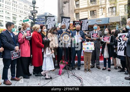 New York, United States. 19th Apr, 2021. Rally in Koreatown in New York on April 19, 2021 to pass Senate bill that bolsters DOJ efforts to combat rise of hate crimes. Queens Borough President Donovan Richards speaks at the rally. To his left is Senate Majority Leader Charles Schumer. To his right is U. S. Representative Grace Meng. (Photo by Lev Radin/Sipa USA) Credit: Sipa USA/Alamy Live News Stock Photo