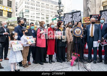 New York, United States. 19th Apr, 2021. Rally in Koreatown to pass Senate bill that bolsters DOJ efforts to combat rise of hate crimes. Elected officials, activists attended rally organized by Senate Majority Leader Charles Schumer and U. S. Representative Grace Meng. (Photo by Lev Radin/Pacific Press) Credit: Pacific Press Media Production Corp./Alamy Live News Stock Photo