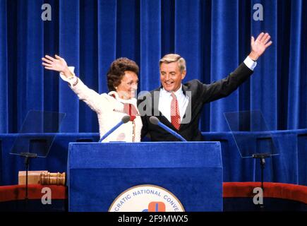 **FILE PHOTO** Walter Mondale Has Passed Away. United States Vice President President Walter Mondale, right, and his wife, Joan, left, wave to the crowd after he delivered his speech accepting his party's nomination for reelection as Vice President of the United States at the 1980 Democratic National Convention in Madison Square Garden in New York, New York on August 13, 1980. Credit: Arnie Sachs/CNP /MediaPunch Stock Photo