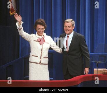 **FILE PHOTO** Walter Mondale Has Passed Away. United States Vice President Walter Mondale and his wife, Joan, on the podium of the 1980 Democratic National Convention at Madison Square Garden in New York, New York in August, 1980. Mrs. Mondale passed away on February 3, 2014. Credit: Arnie Sachs/CNP /MediaPunch Stock Photo