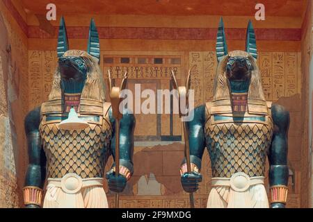 The Mummy's guards, giant statues of ancient egyptian god Anubis in theme park Universal Studio, Sentosa island, Singapore,July 2016 Stock Photo