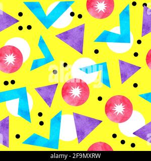 Watercolor seamless hand drawn pattern of 90s 80s memphis abstract style. Bright blue yellow pink purple geometric circle zig zag elements, funky hipster design for textile fashion wrapping paper Stock Photo