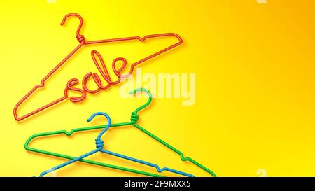 A hanger with the inscription SALE in red on a yellow background. 3d render. Stock Photo