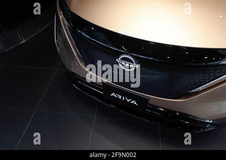 Tokyo, Japan. 19th Apr, 2021. Nissan Ariya on display at Nissan Crossing in Ginza. (Photo by Stanislav Kogiku/SOPA Images/Sipa USA) Credit: Sipa USA/Alamy Live News Stock Photo