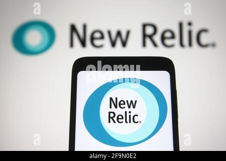 Ukraine. 20th Apr, 2021. In this photo illustration a New Relic of an US software company is seen on a smartphone and a pc screen. (Photo by Pavlo Gonchar/SOPA Images/Sipa USA) Credit: Sipa USA/Alamy Live News Stock Photo