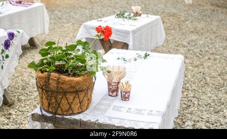 Romanian traditional empty table with towels Stock Photo