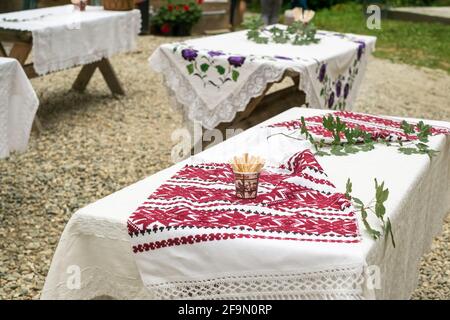 Romanian traditional empty table with towels Stock Photo