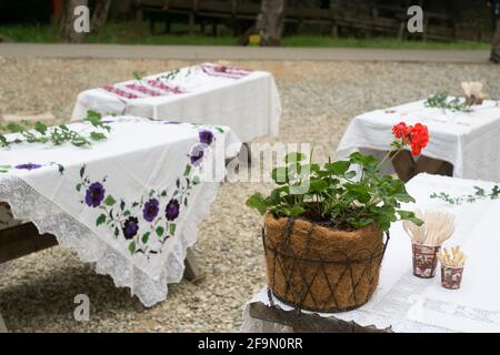 Romanian traditional empty table with towels Stock Photo