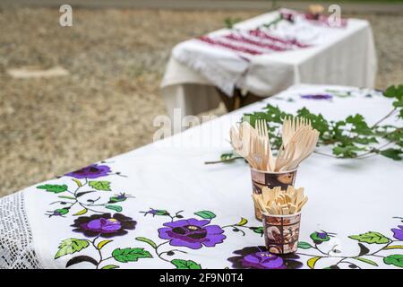 Romanian traditional empty table with towels Stock Photo