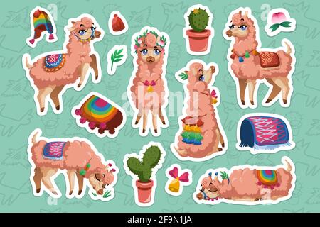 Set of stickers with Llama, Peru alpaca animal cartoon character. Mexican Lama mascot with cute face wear tassels on ears and blanket sitting, sleeping, grazing and stand isolated cut out patches Stock Vector