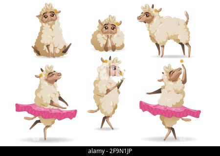 Cute sheep animal cartoon set. Little fluffy lamb mascot with cute face and flower on ear wear tutu, dance ballet, funny character enjoying life, sniff blossom, relax isolated on white background Stock Vector