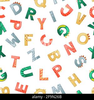 Dinosaur alphabet seamless pattern. Dino font with letters and numbers. Children Vector illustration for t-shirts, cards, posters, kids and nursery design Stock Vector