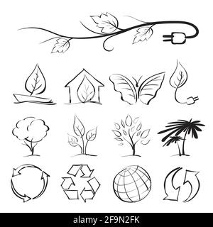 Vector, ecology icon set, graphic pen hand sketch style Stock Vector