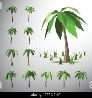 Vector, Low polygon 3D palm tree  and grasses Stock Vector