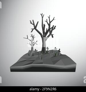 Vector, 3Ds low polygon tree and dead tree in grave yard which full fill by cross and grasses Stock Vector