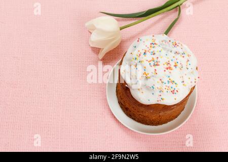 Easter cake on a plate and tulip flower with pink background. Stock Photo