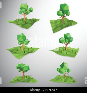 Vector, Low polygon 3D tree on land and grasses Stock Vector
