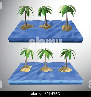 Vector, Low polygon 3D palm tree on lonely island in the ocean Stock Vector