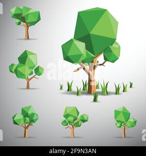 Vector, Low polygon 3D tree on land and grasses Stock Vector