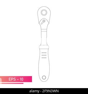 Ratchet wrench with handle. Linear design. On a white background. Tools for a car mechanic. Flat vector illustration. Stock Vector