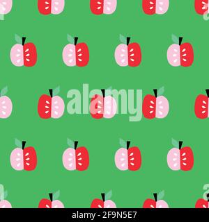 Apples seamless vector background. Repeating cute pattern with Scandinavian style apples pink red green. Hand drawn surface pattern design for fabric Stock Vector