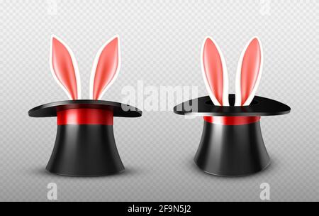 Rabbit ears stick out magician top hat, black vintage cylinder cap with white bunny sitting inside front view. Circus magic tricks with hare and performer headwear, Realistic 3d vector illustration Stock Vector