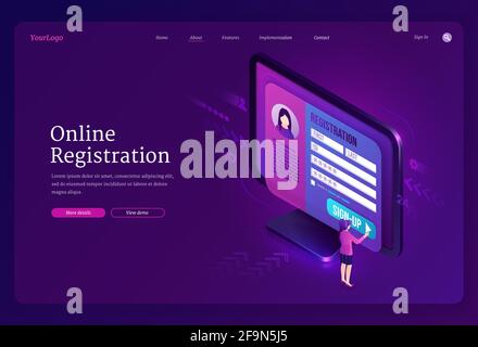 Online registration isometric landing page. Tiny woman push sign up button and enter password and login to internet account register form on huge pc. Secure network authentication 3d vector web banner Stock Vector