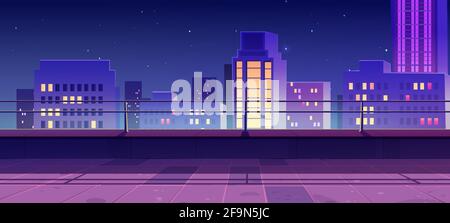 Terrace on rooftop with city view at night. Empty patio on roof or balcony with railing on background of cityscape with modern buildings and skyscrapers. Vector cartoon house terrace in town Stock Vector