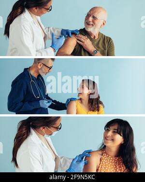 People smiling after getting vaccinated by a medical professional. Vertical assorted images of doctors giving flu shot to diverse people. Stock Photo