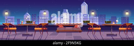 Restaurant at night rooftop terrace on city view background. Empty patio with tables and chairs on skyscraper roof. Outdoor cafe area for relax or recreation with cityscape Cartoon vector illustration Stock Vector