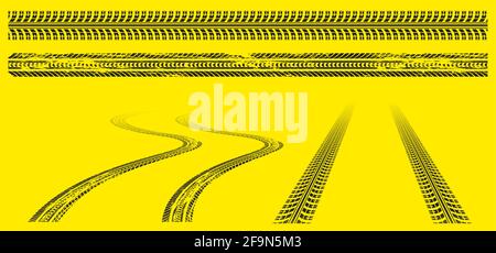 Tires tracks, offroad grunge tyre prints, abstract automobile wheels black pattern on yellow background. Rally, motocross straight and wavy dirty traces, off road trails texture isolated vector set Stock Vector