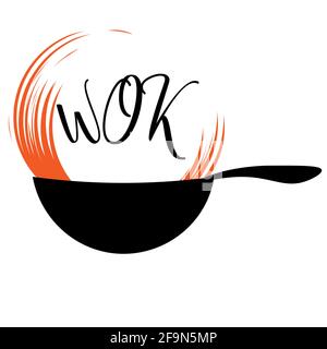 wok food logo with lettering and oil splash 2 Stock Vector