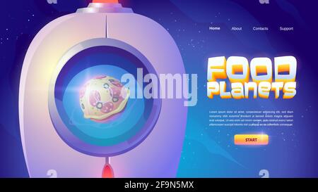 Food planets website with spaceship and sphere with pizza pattern. Vector landing page of online game with cartoon illustration of outer space with rocket and funny alien planet reflected in porthole Stock Vector