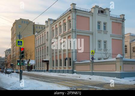 Moscow, Russia - January 17, 2021: View of the Malaya Ordynka street on a frosty winter morning after heavy snow. Stock Photo