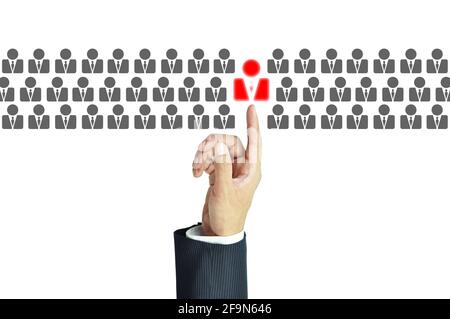 Businessman hand pointing on red human icon - stand out from the crowd, HR and HRM concepts Stock Photo