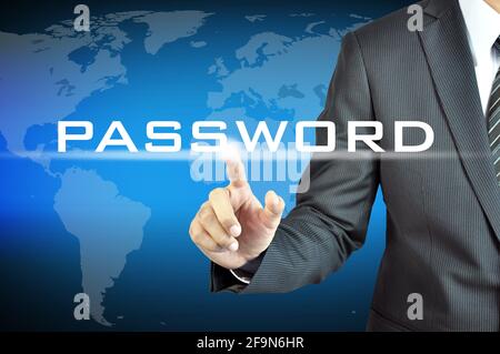 Businessman hand touching PASSWORD sign on virtual screen - business information  security concept Stock Photo