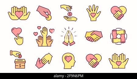 Charity icon set. Collection of donate, loyalty, care and more. Flat vector illustration. Stock Vector