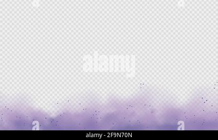 Purple dust or fog. Abstract purple powder explosion with particles. Violet smoke or dust isolated on light transparent background. Abstract mystical Stock Vector