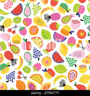 Fruit seamless pattern hand drawn. Vector repeat background for colorful summer fabric. Cute healthy fruit salad abstract paper cut style pineapple Stock Vector