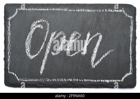 Open handwritten inscription sign on chalk board Stock Photo - Alamy