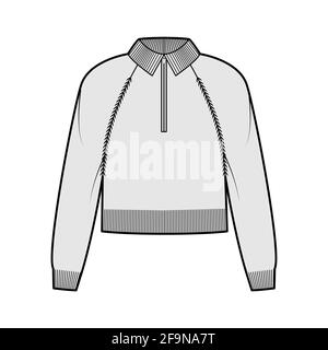 Zip-up cropped Sweater technical fashion illustration with rib henley neck, classic collar, long raglan sleeves, knit trim. Flat apparel front, grey color style. Women, men unisex CAD mockup Stock Vector