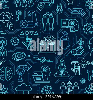 A seamless pattern of robotics icons, computers, androids and artificial intelligence in dark line style. Stock Vector