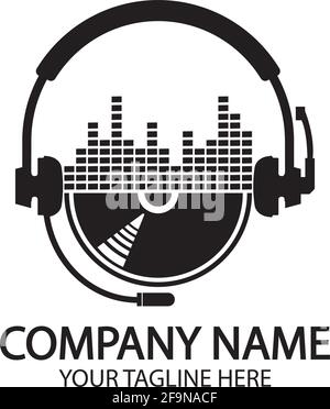 Headphones with microphone and sound waves beats, concept of radio station logo, dj disco symbol, broadcasting studio label, customer support emblem f Stock Vector